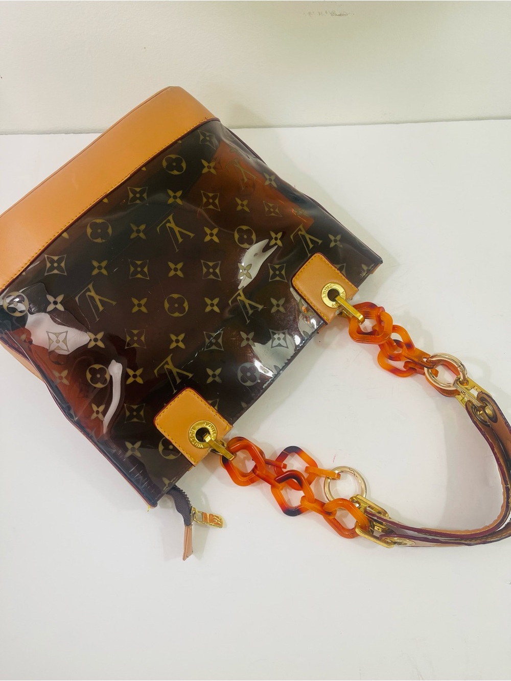 Brown Transparent Monogram Tote with Amber Chain Straps - Picture 5 of 16